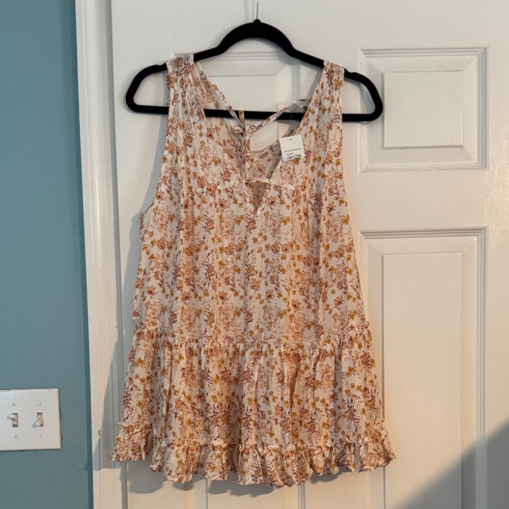 Cato Floral Ruffle Hem Blouse - Cream and Brown - L NWT